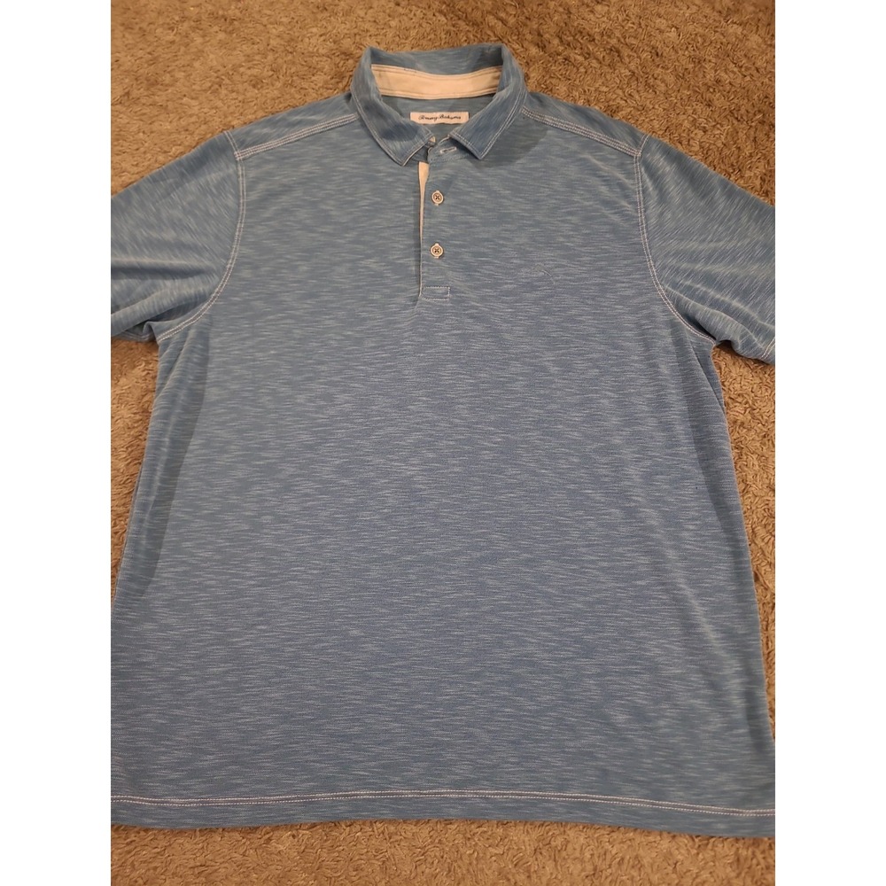 Tommy Bahama Men's Polo Shirt Blue Heathered Short Sleeve Contrast Stitch Large